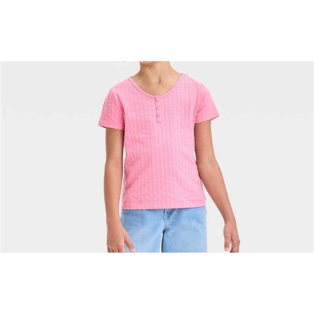 Cat & Jack Girls Short Sleeve Henley Top Solid Pink Textured Size S
